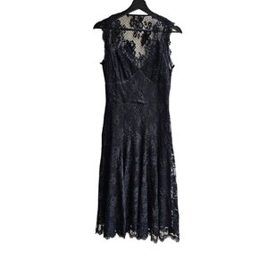 Elegant Black Lace Sleeveless Dress With V-Neck & Floral Pattern, Size XS